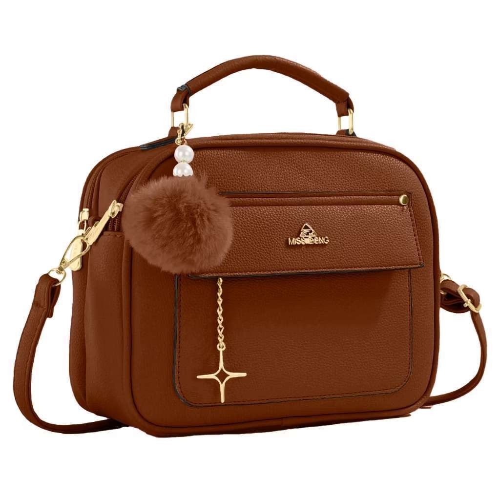 Bolsa Feminina Transversal Tamanho Média Promoção Preta Baú Espaçosa Com Chaveiro Pompom