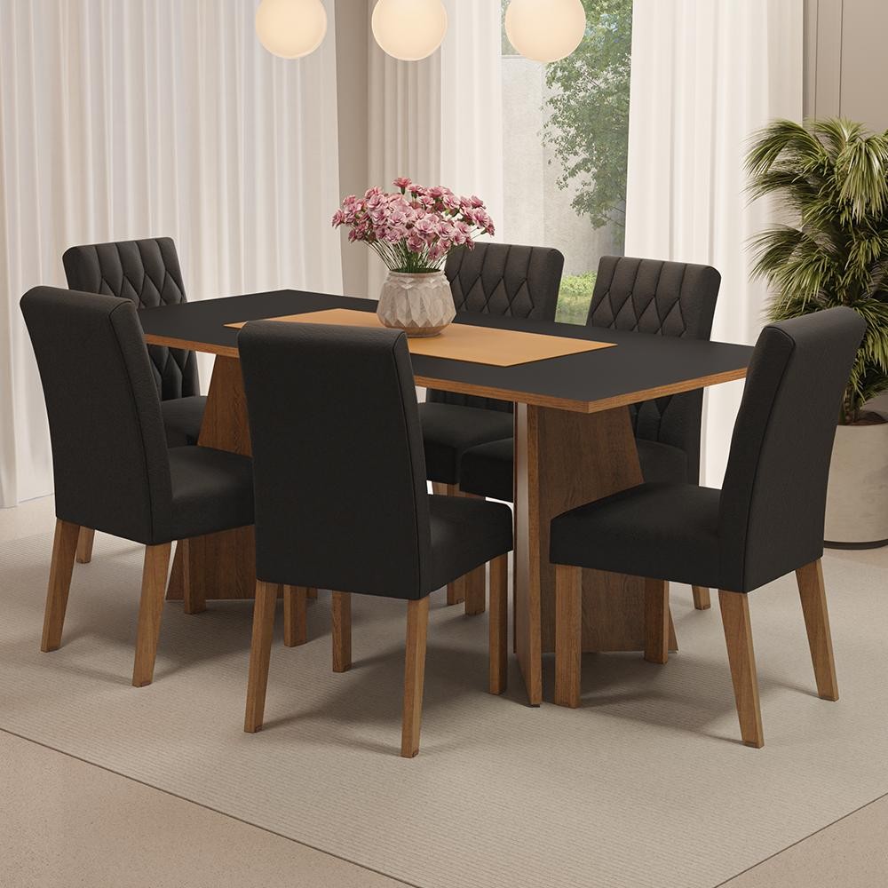 Conjunto Sala de Jantar Mesa Tampo de Madeira 6 Cadeiras Madison Madesa - Home & Living