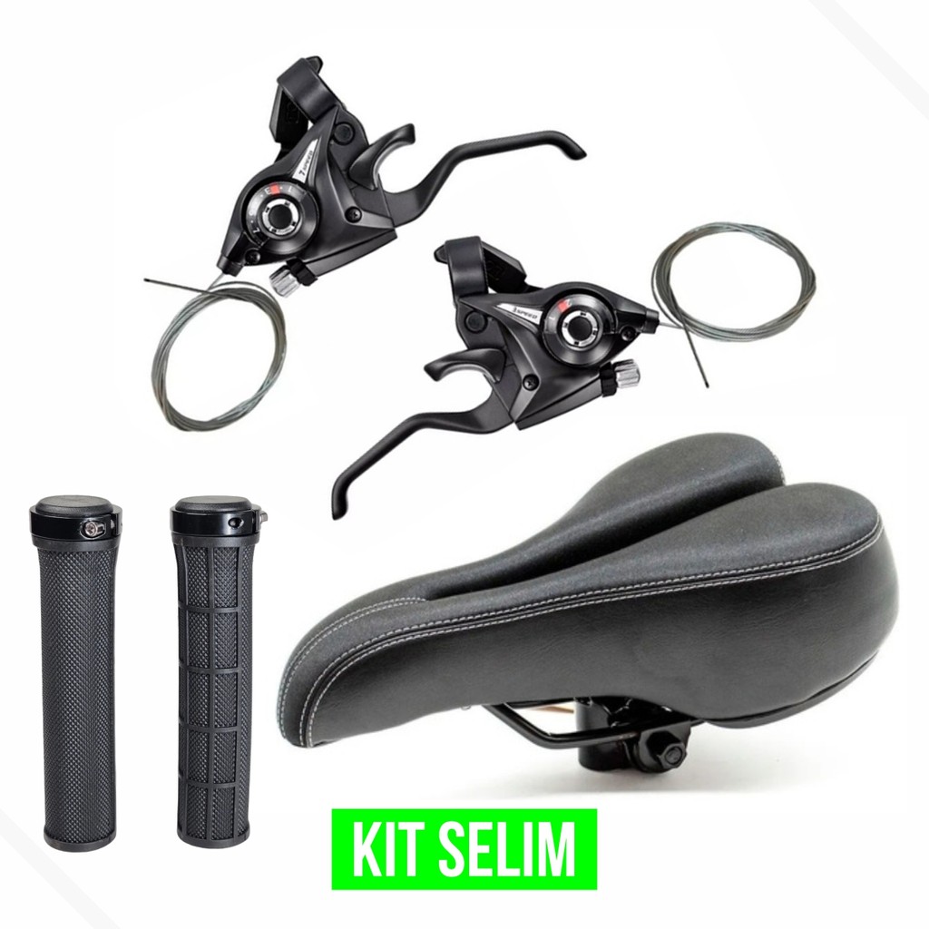 Kit Banco Selim MTB Vazado GTS +  Passador Alavanca Rapid Fire 21V 3x7v GTS + Manopla C/ Trava GTS