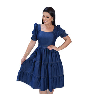 Vestido Curto Jeans com Lastex Moda Feminina Evangelica com Manga Beatriz em Oferta na Shopee