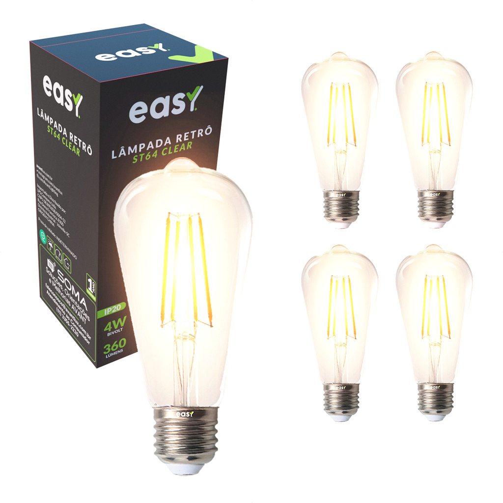 Kit 5 Lampadas Led ST64 Clear 4w 2400k E27 110v/220v Easy - Home & Living