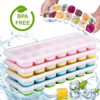 Formas de Gelo Silicone com Tampa Rígida Flexível Fundo 14 Cubos Retangular Multiuso Lavável