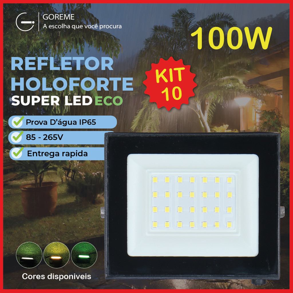Kit 10 Holofote Refletor Led ECO Pro 100W Branco Frio 6500K  Branco Quente Verde| IP65 | Luz Econômica | Para Jardim em Oferta na Shopee