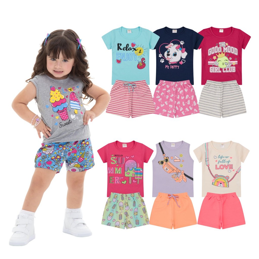 Kit Conjunto Peças Roupa Infantil Menina Camisetas + Bermudas - Kit Conjuntos Sortidos Moda Infantil Verão Bebê