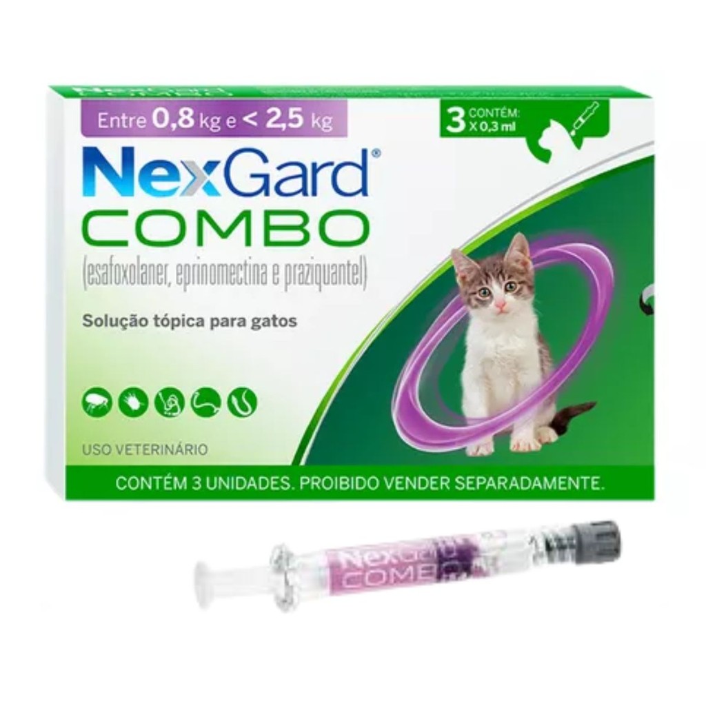 Nexgard Combo 3 unidades Gatos Pulga Sarna Verme 0,8 A 2,5kg