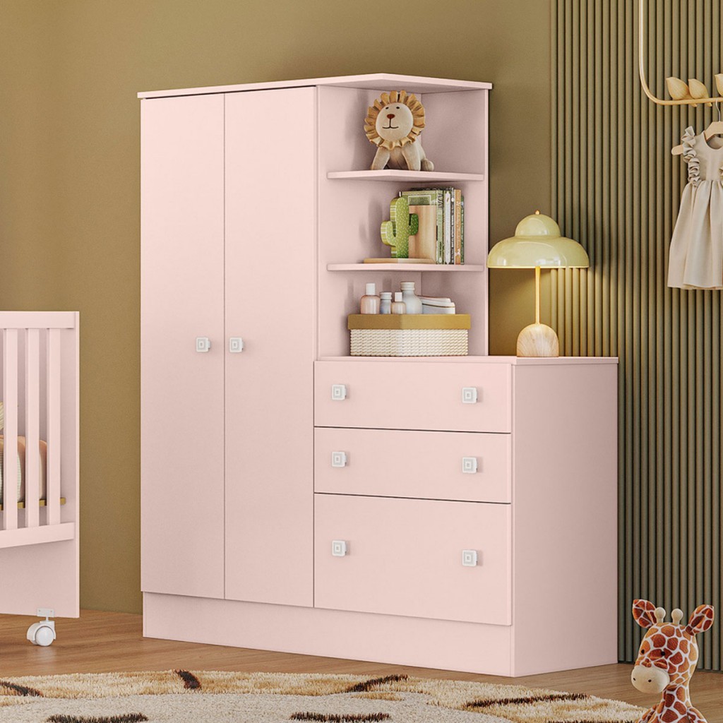 Guarda-Roupa Infantil com Cômoda Doce Sonho 2 Portas 3 Gavetas Rosa - Qmovi - Home & Living