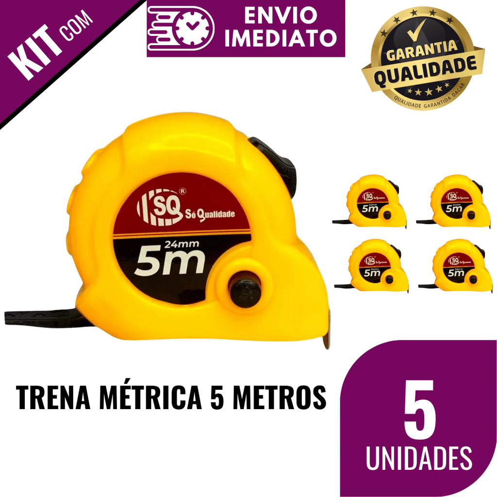 Trena Métrica 3/5 Peças 5 Metros Profissional Plástico com Trava Fita Aço Alça Aferição Medidas