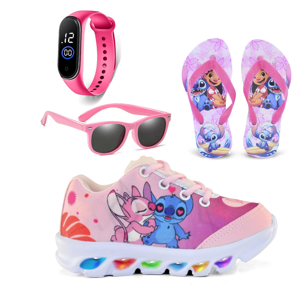 Kit Tênis Com Led Stitch Rosa com Chinelo, Relógio e Óculos em Oferta na Shopee