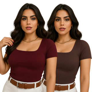 Kit 2 Blusas Canelada Blusinha Feminina Decote Quadrado Manga Curta Trabalho Básica Tendên...