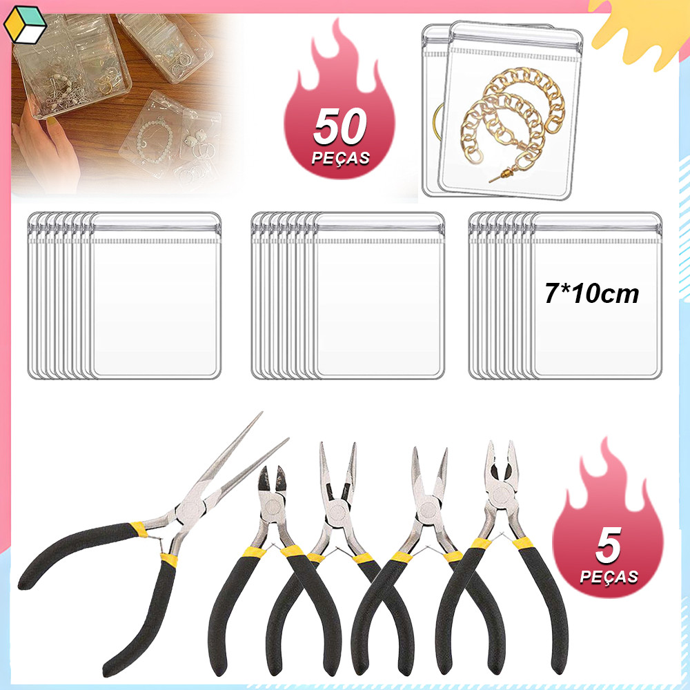 50 peças Sacos plásticos que podem ,Conjunto de ferramentas para mini alicates 5 peças para bijuteria Conjunto