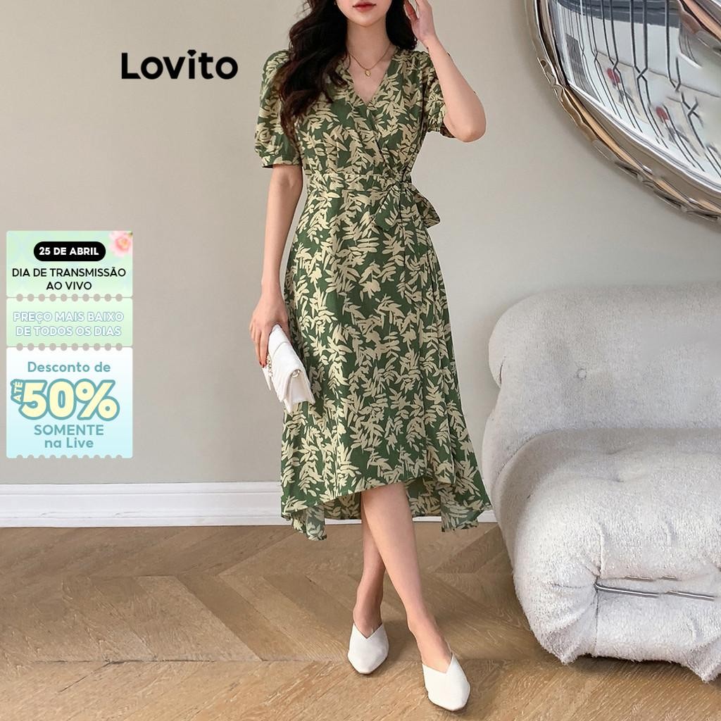 Lovito Boho Vestido Feminino Floral Cruzado com Cinto L68ED196 (Verde Escuro)