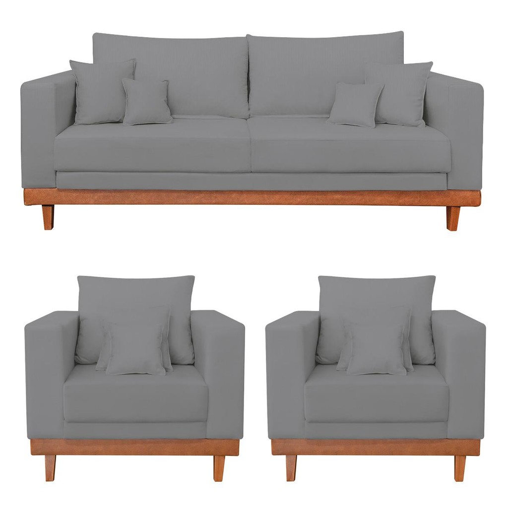 Kit 2 Poltronas Living + Sofá 3 Lugares com Base Madeira Linho em Oferta na Shopee