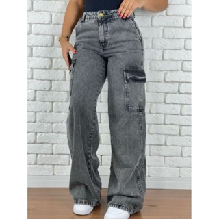 Calça Cargo feminina Jeans Grafite Super tendencia Larga Bolso Na Lateral Cintura Alta em Oferta na Shopee