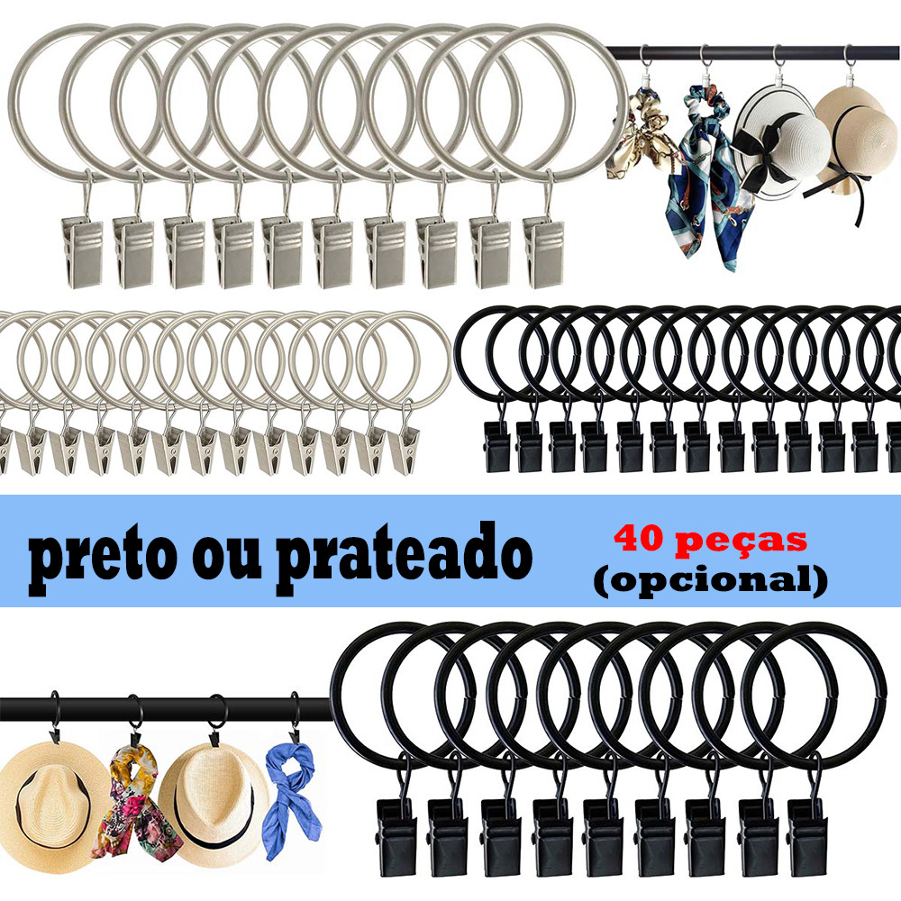 Anéis de aço planos para cortinas, conjunto de 40, com clipes, para hastes de cortina de até 4 cm - Preto / Prata