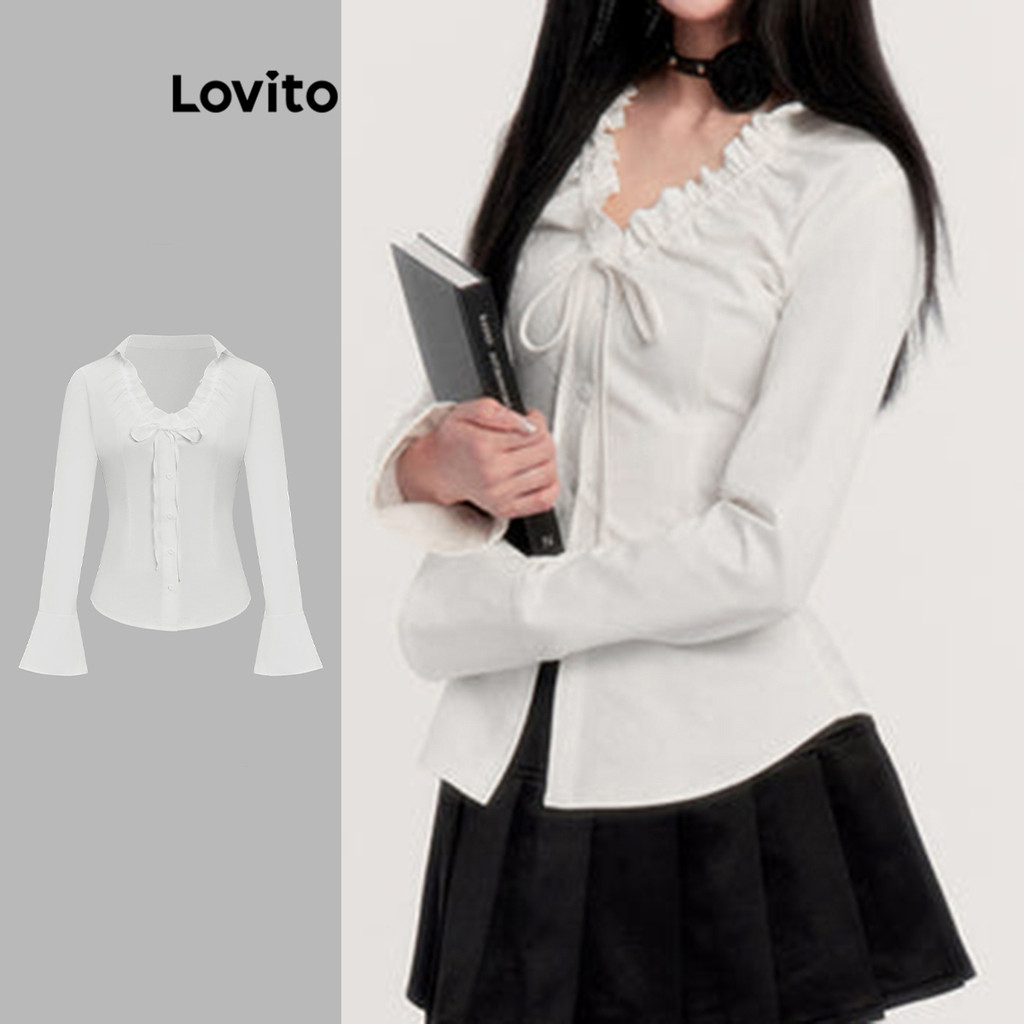 Lovito Blusa casual lisa com acabamento em alface e amarração frontal para mulheres LAD106773 - Women Clothes