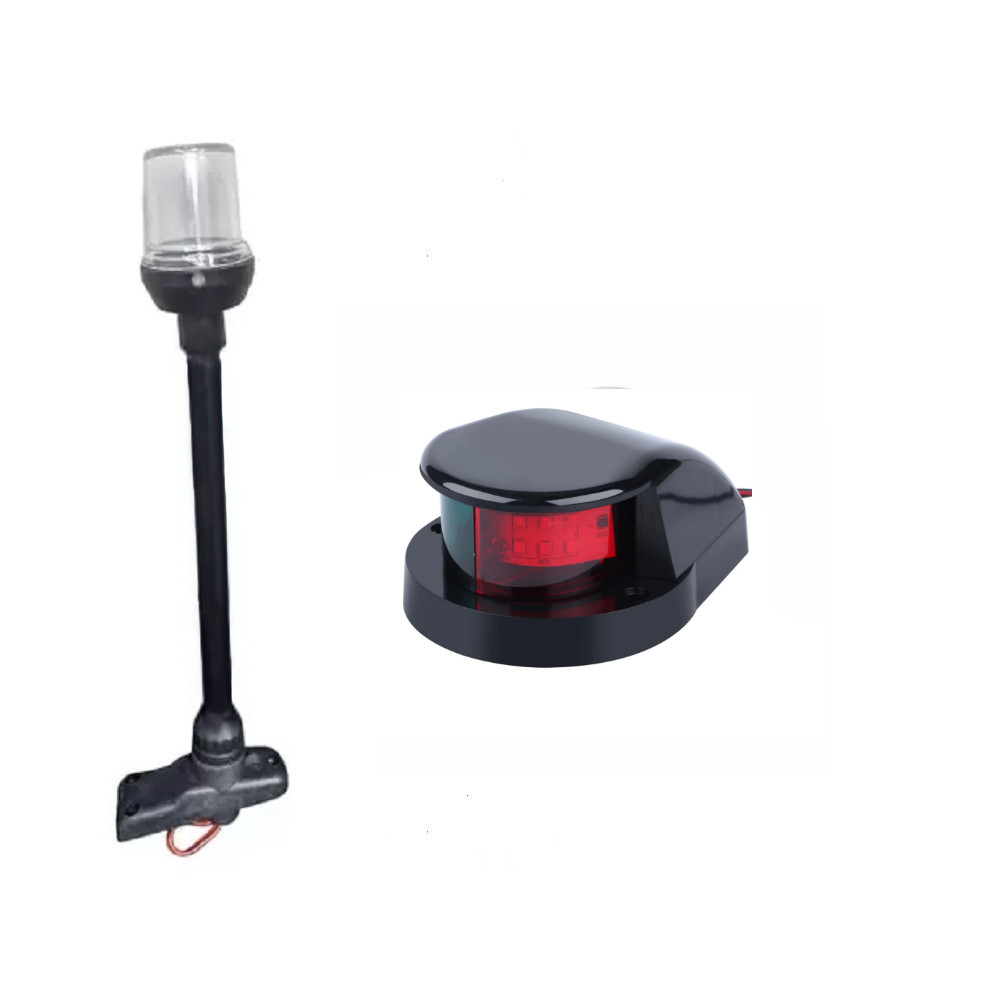 Kit Luz Bombordo E Boreste Bicolor em ABS Preto Led + Mastro Retrátil Alcançado Fundeio Preto Led - Barco Lancha Pesca