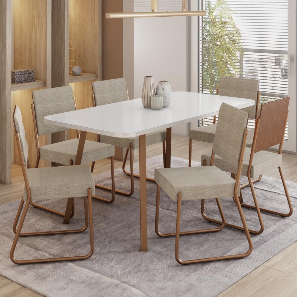 Conjunto Sala de Jantar 6 Cadeiras Barcelona Carraro Gelo Areia Rosê em Oferta na Shopee