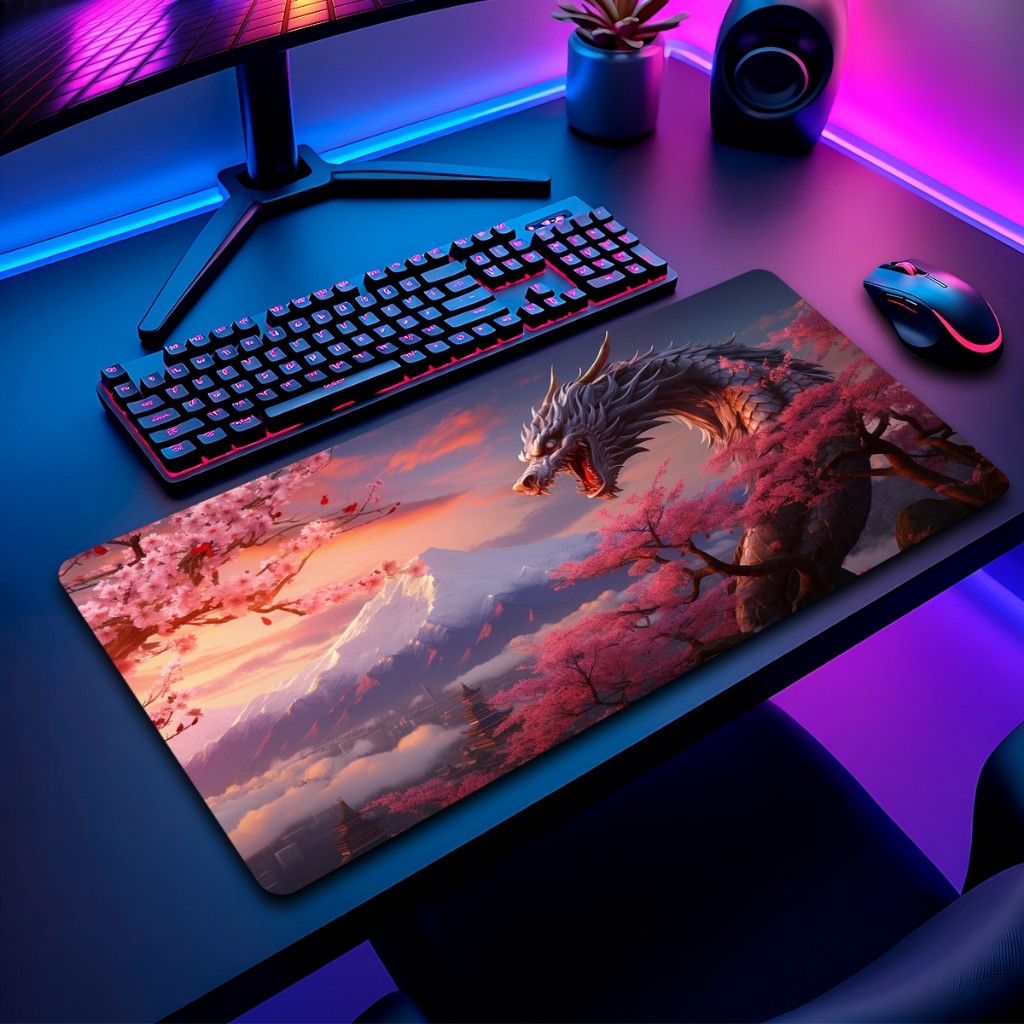 Mouse Pad Dragao Japones Gamer Antiderrapante Grande 70x35cm borda costurada