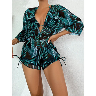 Multi Color Printed Bikini 3 Piece Swimsuit Deep V Neck Pleated Drawstring Cover Up Halter Tie Bikini Top Low Rise