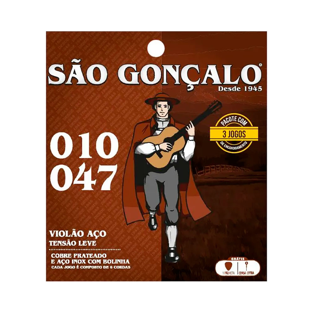 Kit C/ 3 Jogos de Cordas São Gonçalo P/ Violão Aço C/ Bolinha Tensão Leve 10/47 - EC0579