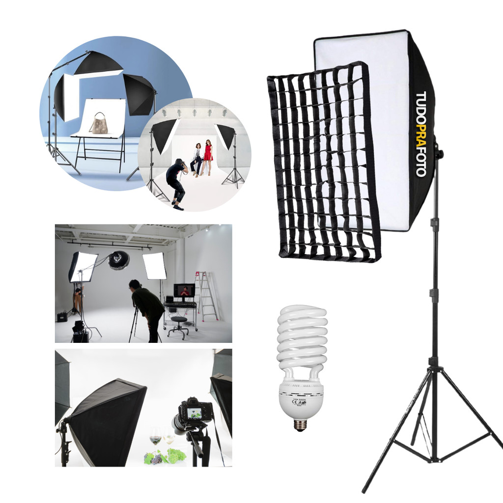 Kit Iluminação Softbox 50x70cm com Grid Tripé 1,90m e Lâmpada 135w 5500k - 220v