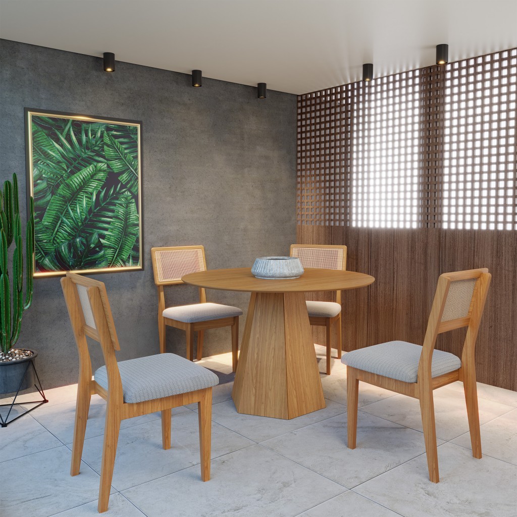 Conjunto Sala de Jantar Mesa Lisboa Hexagonal Freijó TM80 com 4 Cadeiras Palha Sintética CA35 - Home & Living