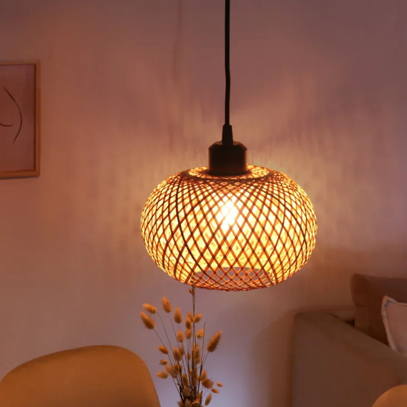 Luminária Pendente De Bambu Lustre Pendurado Lâmpada Artesanal Rattan Restaurante Sala Jantar Iluminação Interior