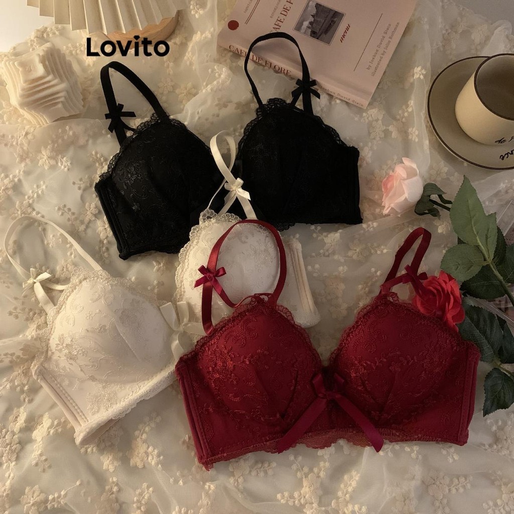 Lovito Bralette Sexy De Renda Lisa Com Laço Para Mulheres LNE50359 - Women Clothes