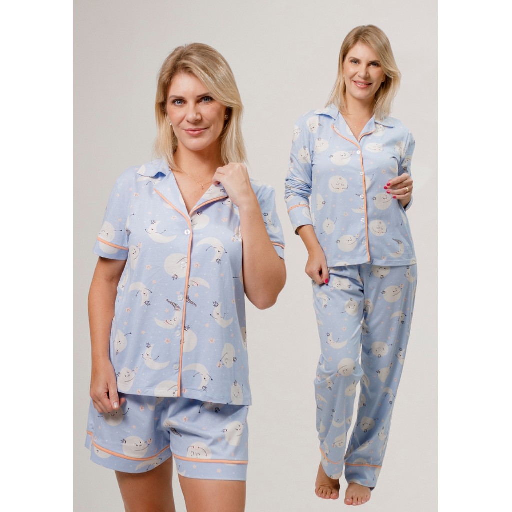 KIT 1 Pijama Americano Longo + 1 Pijama Americano Curto Feminino em Algodão - Cor: Lua Azu...