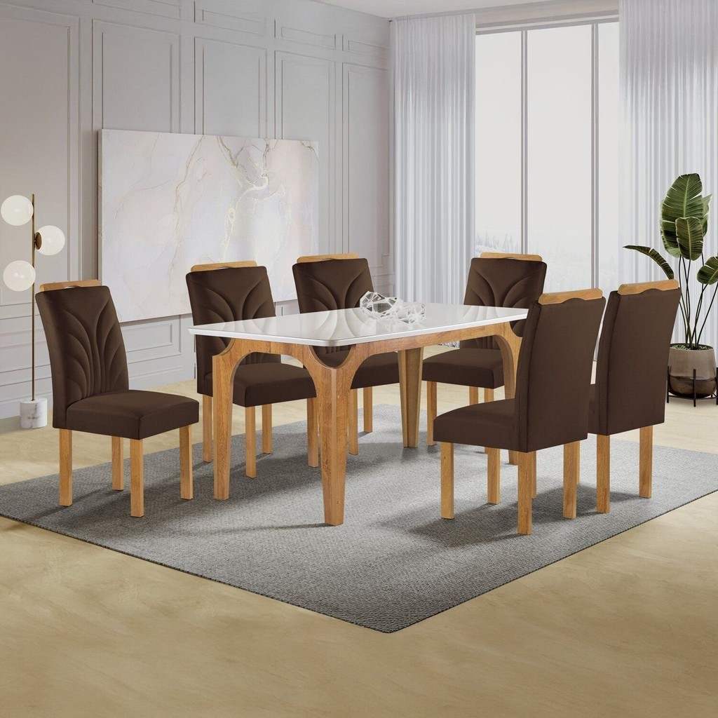 Conjunto Mesa Melina 170cmx90cm com 6 Cadeiras Carolina Tampo Smart Plus com Vidro Cinamomo/Off White/Marrom em Oferta na Shopee