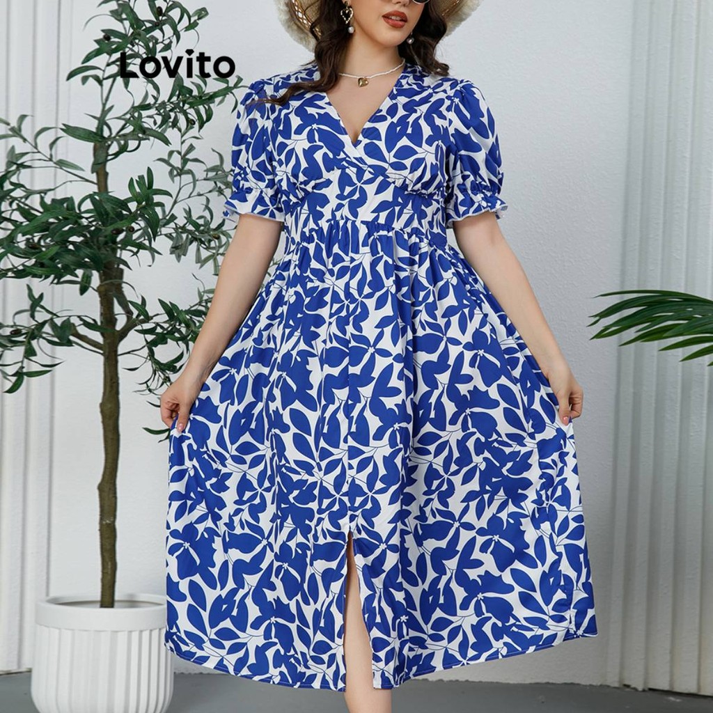 Detalhes do Lovito Vestido Boho Plus Size Curve com Plantas Risco Frontal Para Mulheres LBL19342