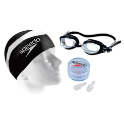 Kit de Natação Para Iniciantes Touca Slim Óculos e Protetor Ouvido Três em Um Speedo SLC - PRETO