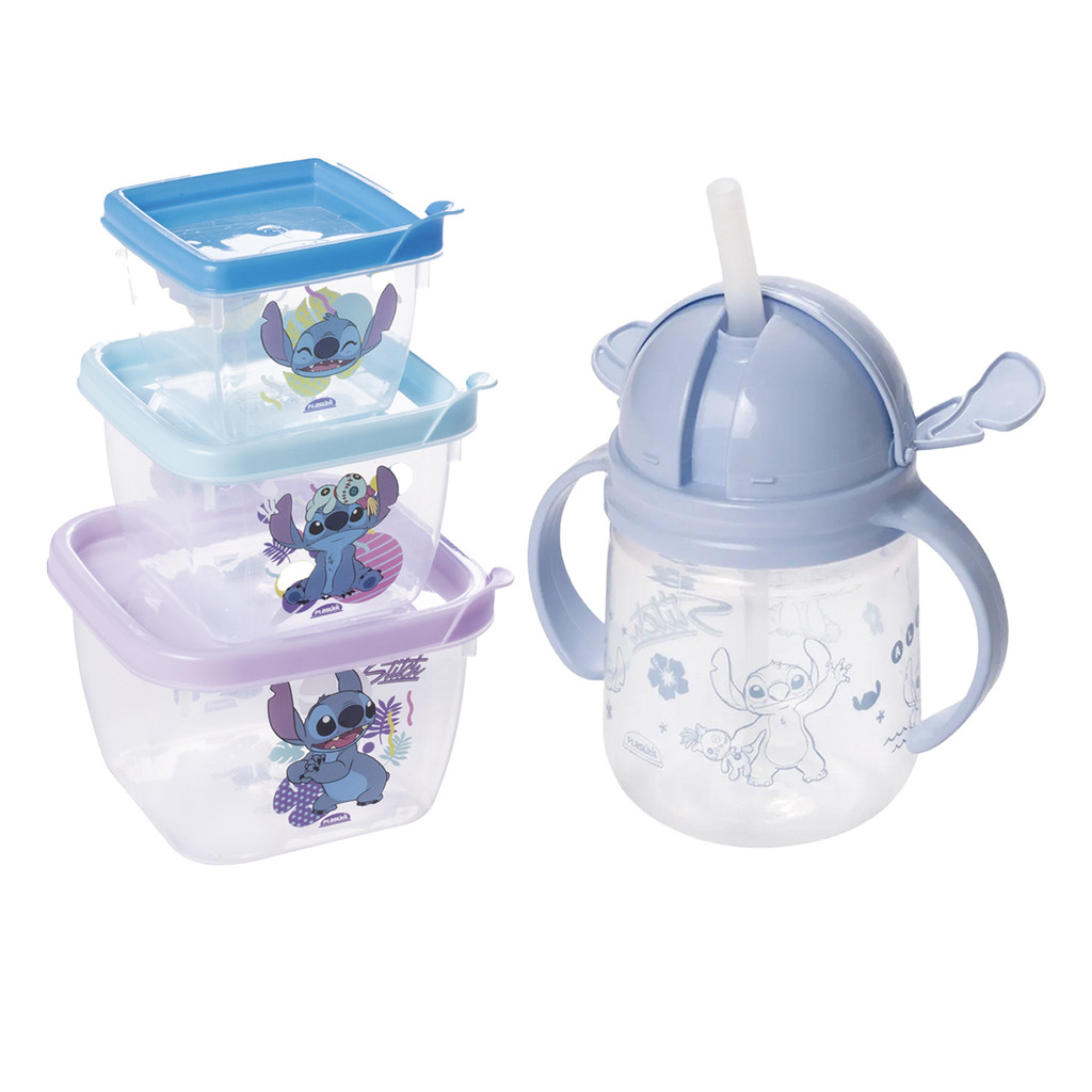 Kit Lanche Escolar Infantil Caneca com Canudo e Potes Organizadores Tema Stitch