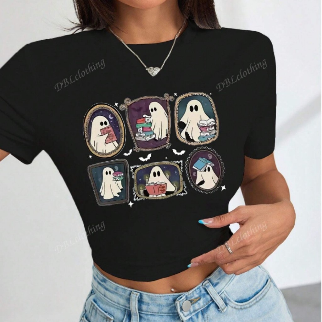 Camiseta corta de manga corta con estampado de fantasma para mujer, adecuada para el verano y Halloween
