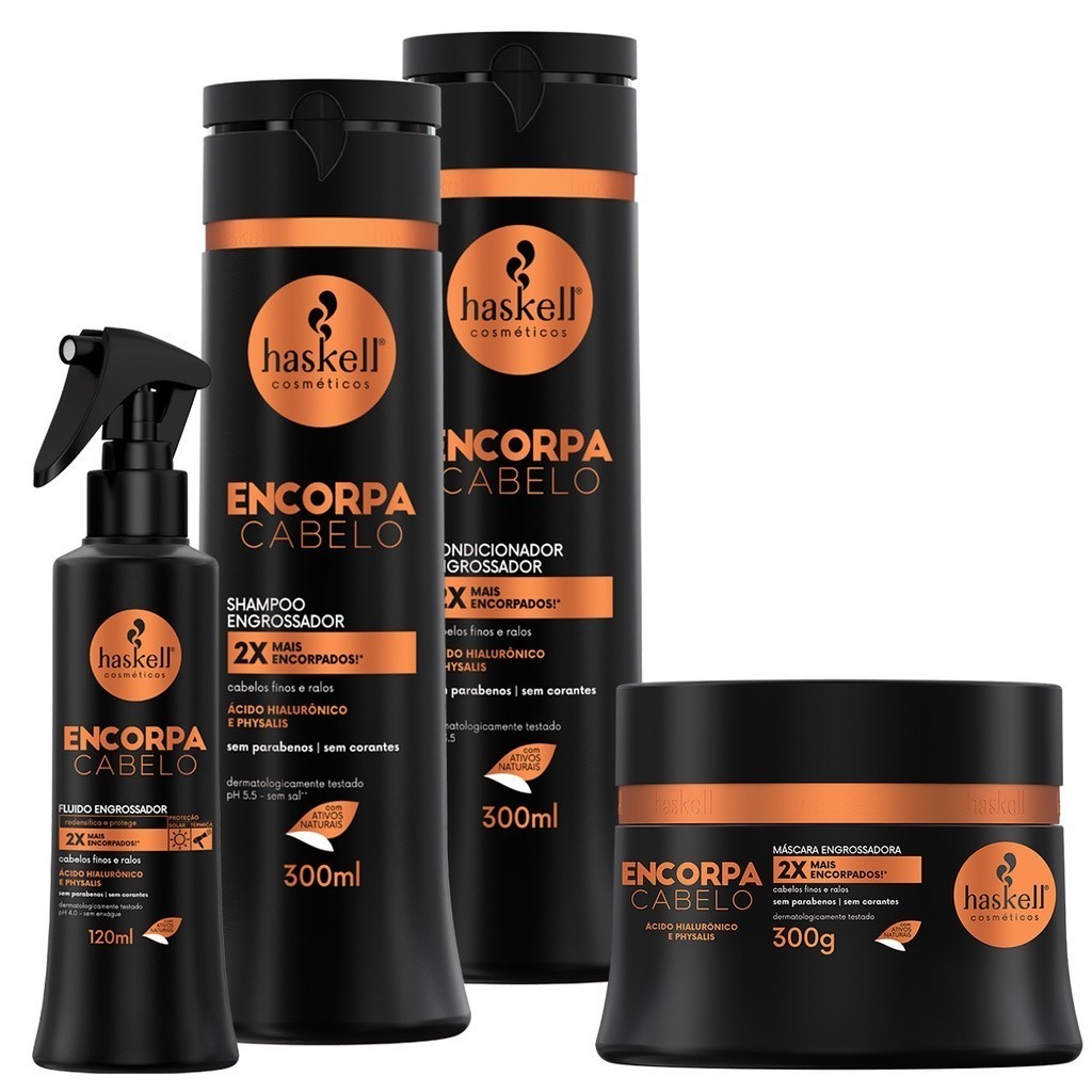 Kit Haskell Encorpa Cabelo Shampoo Condic Masc 300ML/G Fluido 4 Itens