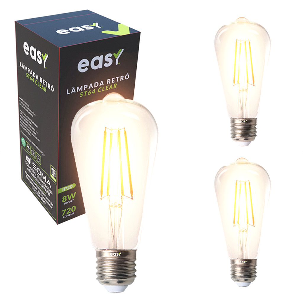 Kit 3 Lampadas Led ST64 Clear 8w Luz Quente 2400k E27 Bivolt 110v/220v Easy em Oferta na Shopee