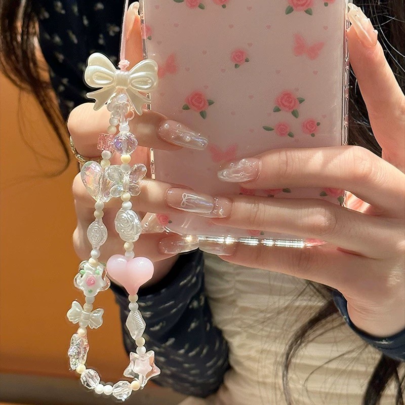 Y2K Prata Rosa Borboleta Telefone Corrente Curto Charme Alça De Pulso Keycord Celular Cordão Menina Chaveiro Caso Do Móv em Oferta na Shopee