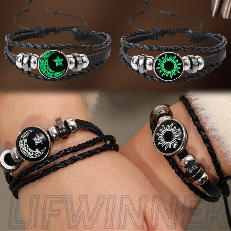 Pulseira Luminosa De Casal Sun Moon-Moda , Vintage-Ajustável , Multicamadas , Couro PU-Presentes De Dia Dos Namorados-Co