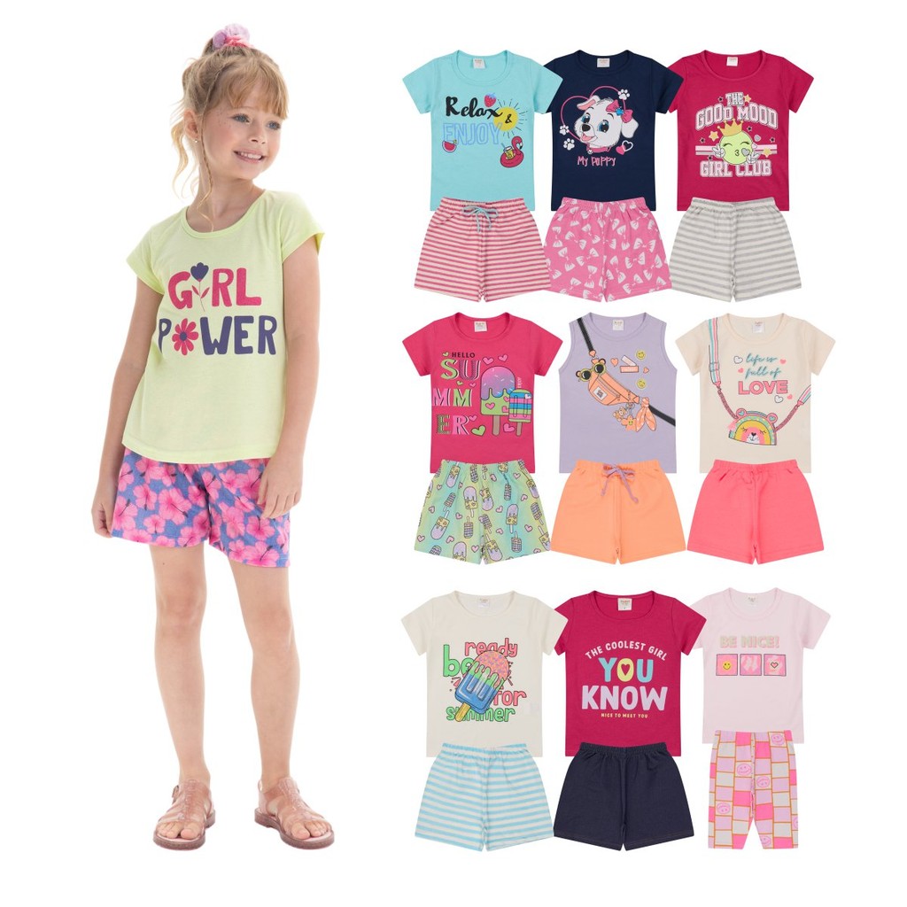 Kit Conjunto Peças Roupa Infantil Menina Camisetas + Bermudas - Kit Conjuntos Sortidos Moda Infantil Verão Bebê