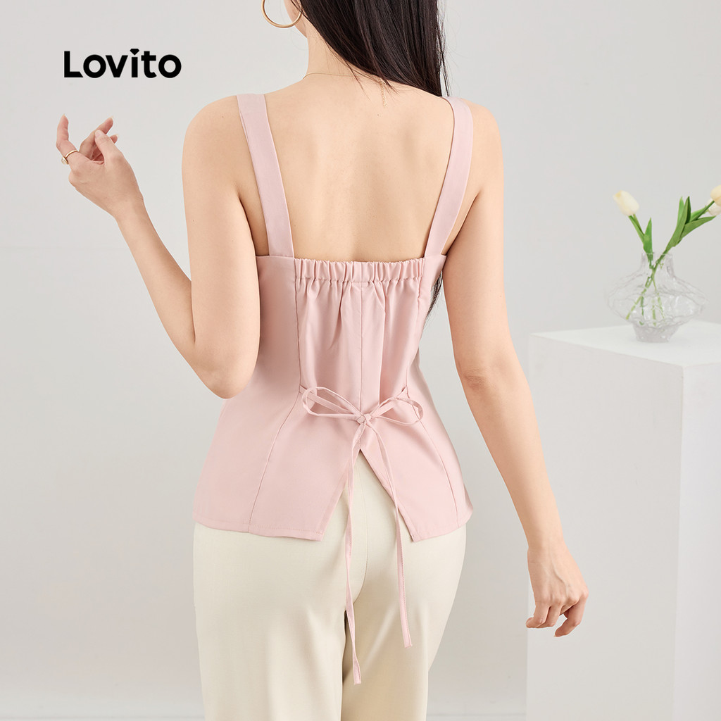 (Trendy) Lovito Regata feminina Casual com botão liso dividido na frente e amarração nas costas L124AD254 - Women Clothes