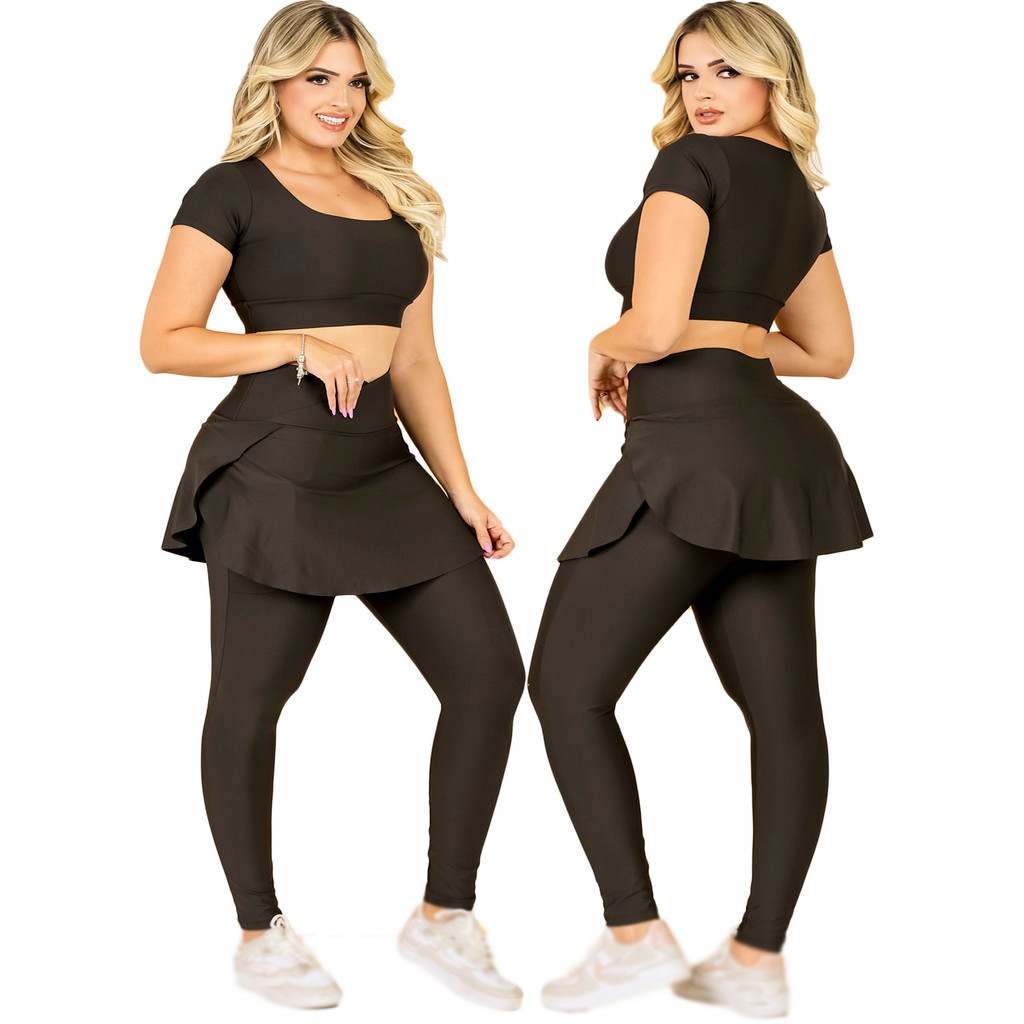 Conjunto Fitness Calça Legging Saia Com Bolso E Top Cropped Feminino Academia Treino Caminhada Moda Evangélica Corrida