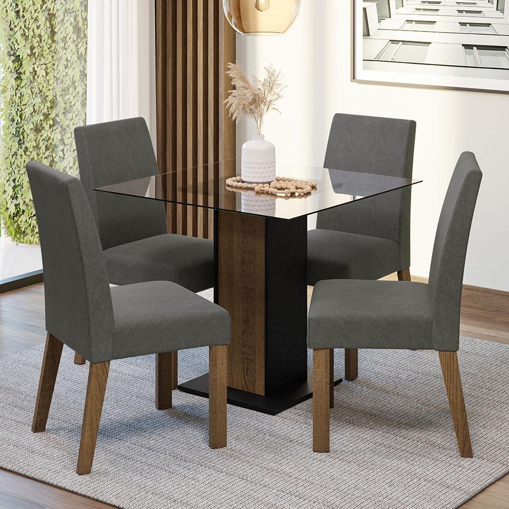Conjunto Sala de Jantar Mesa Tampo de Vidro 4 Cadeiras Rustic/Preto Ivy Madesa em Oferta na Shopee