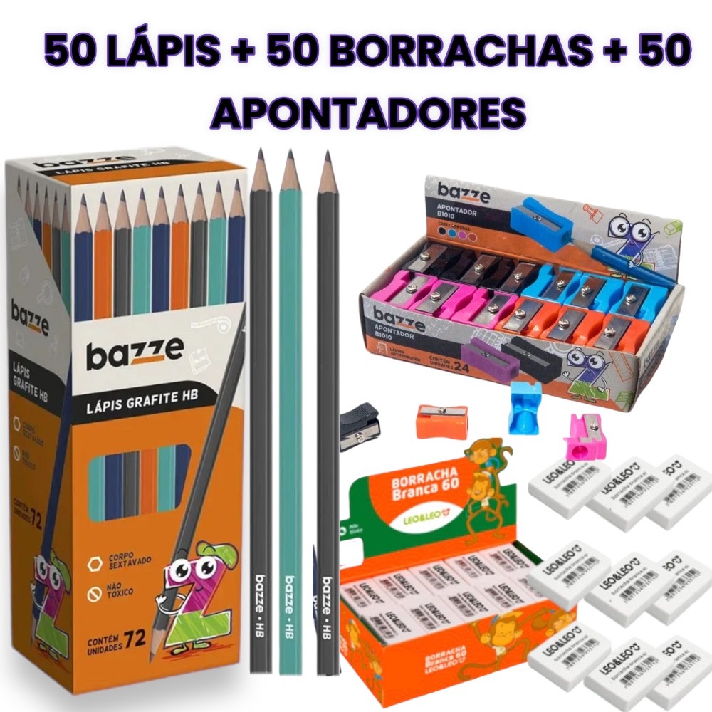 KIT ESCOLAR CAIXA COM 50 lápis de escrever preto + 50 borrachas + 50 apontadores