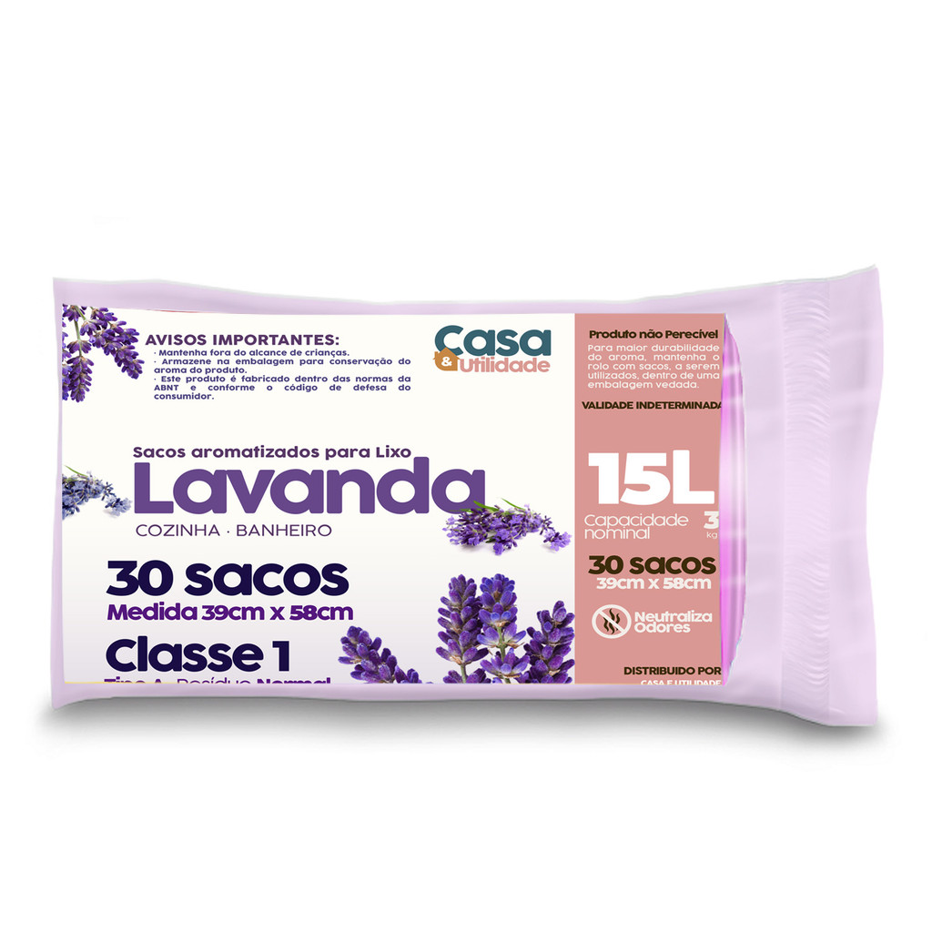 Kit Sacos de Lixo 15 Litros Perfumado Lavanda Banheiro Pia Cozinha Anti Odores Neutraliza