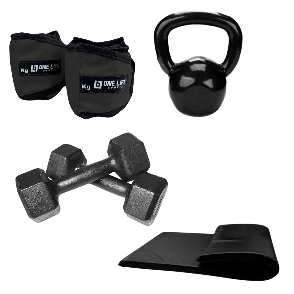 Kit Caneleira 5kg + Halter 04kg + Colchonete + Kettlebell