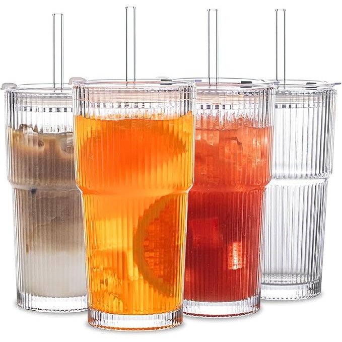 Copo De Vidro Canelado Com Tampa E Canudo Grosso Muito Adequado Para Café Gelado/Suaves/Caudas Sucos em Oferta na Shopee