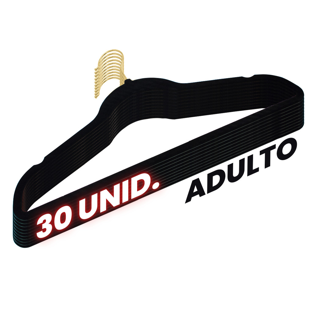 Kit 30 Cabides Veludo Preto Gancho Dourado Antideslizantes
