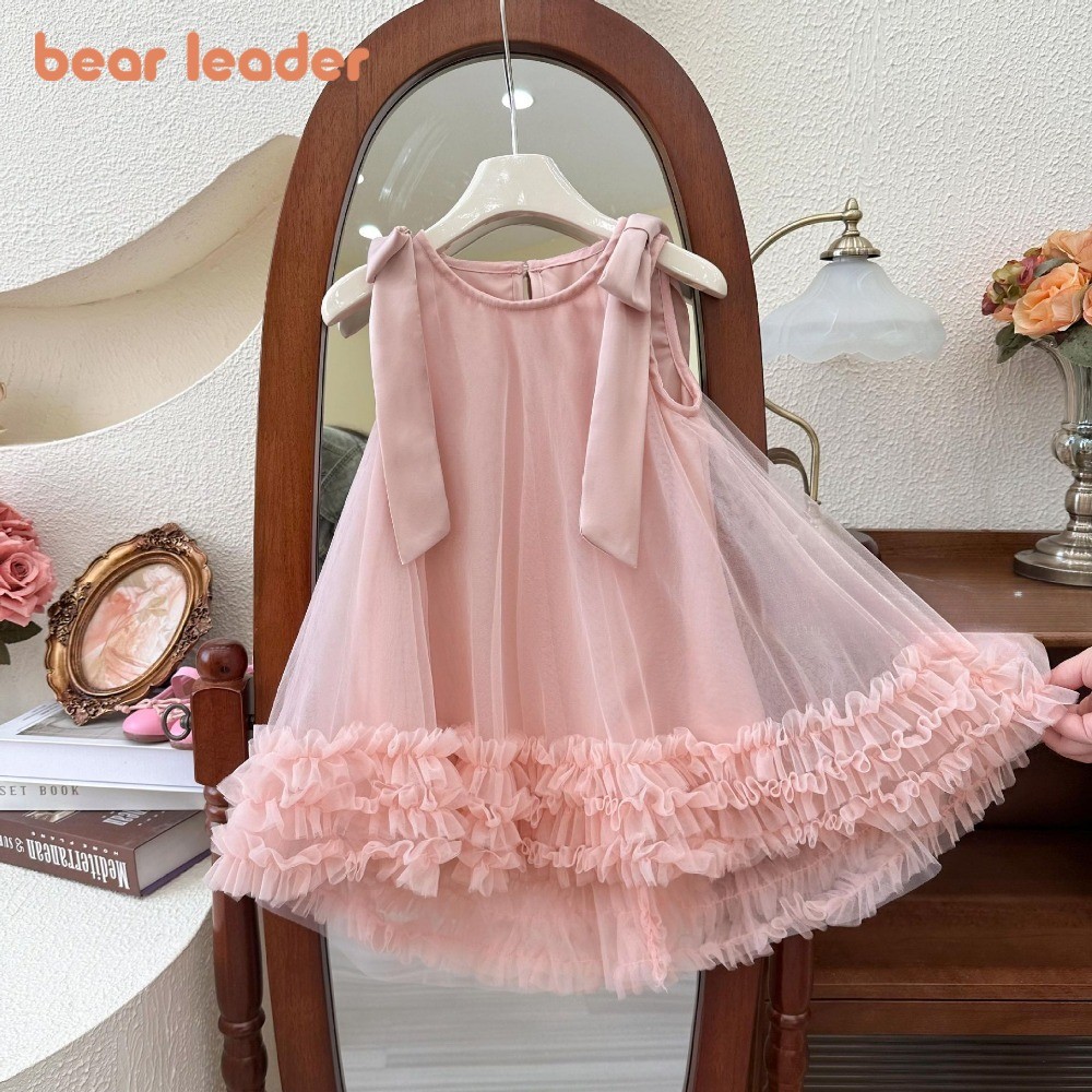 Urso Líder Verão Novo 1 A 7 Anos Bebê Meninas Aniversário Vestido De Princesa Versão Coreana Arco Sem Mangas Malha Festa