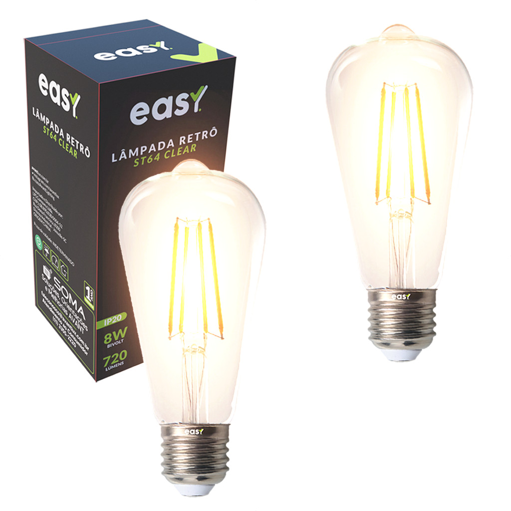 Kit 2 Lâmpadas de Led ST64 Retro Vintage Clear 8w 2400k E27 Bivolt Easy Luz Quente em Oferta na Shopee