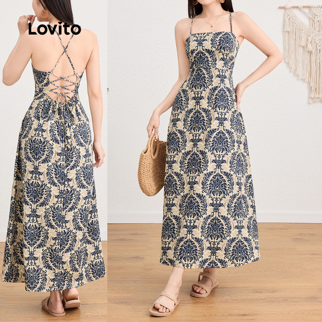 Lovito Vestido Boho Tribal Print Backless Criss Cross Padrão para Mulheres L L124AD1198 - Women Clothes